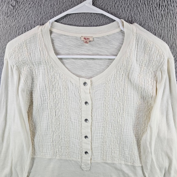 Reba Womens XL Cream Long Sleeve Henley Top Pintuck Woven Bib - Picture 2 of 9